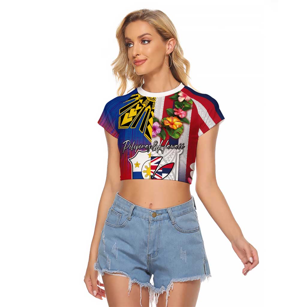 Personalised Hawaii and Philippines Together Raglan Cropped T Shirt The Emblems with Cultural Symbols Blue-White-Red Tricolor LT03 Female Art - Polynesian Pride