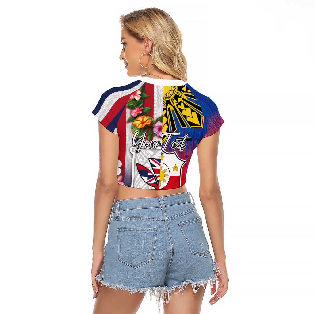 Personalised Hawaii and Philippines Together Raglan Cropped T Shirt The Emblems with Cultural Symbols Blue-White-Red Tricolor LT03 - Polynesian Pride