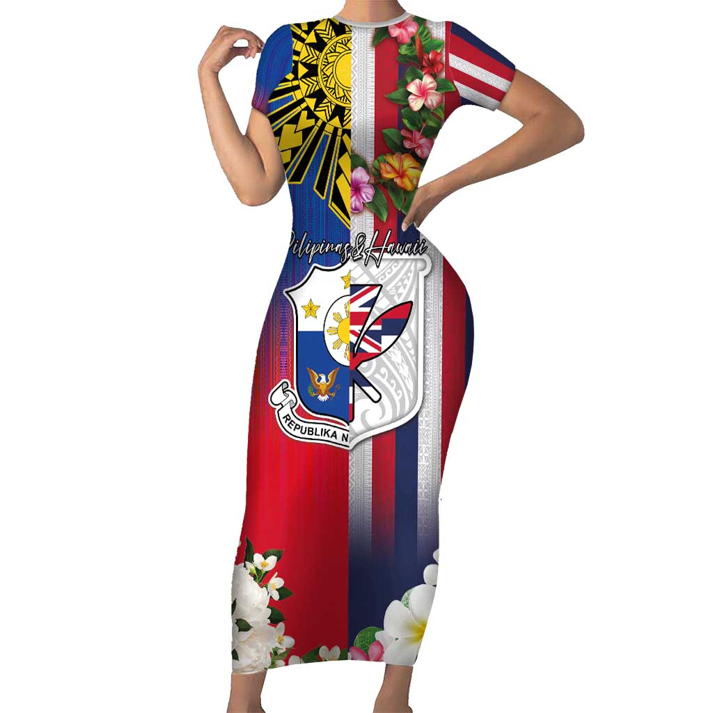 Personalised Hawaii and Philippines Together Short Sleeve Bodycon Dress The Emblems with Cultural Symbols Blue-White-Red Tricolor LT03 Long Dress Art - Polynesian Pride