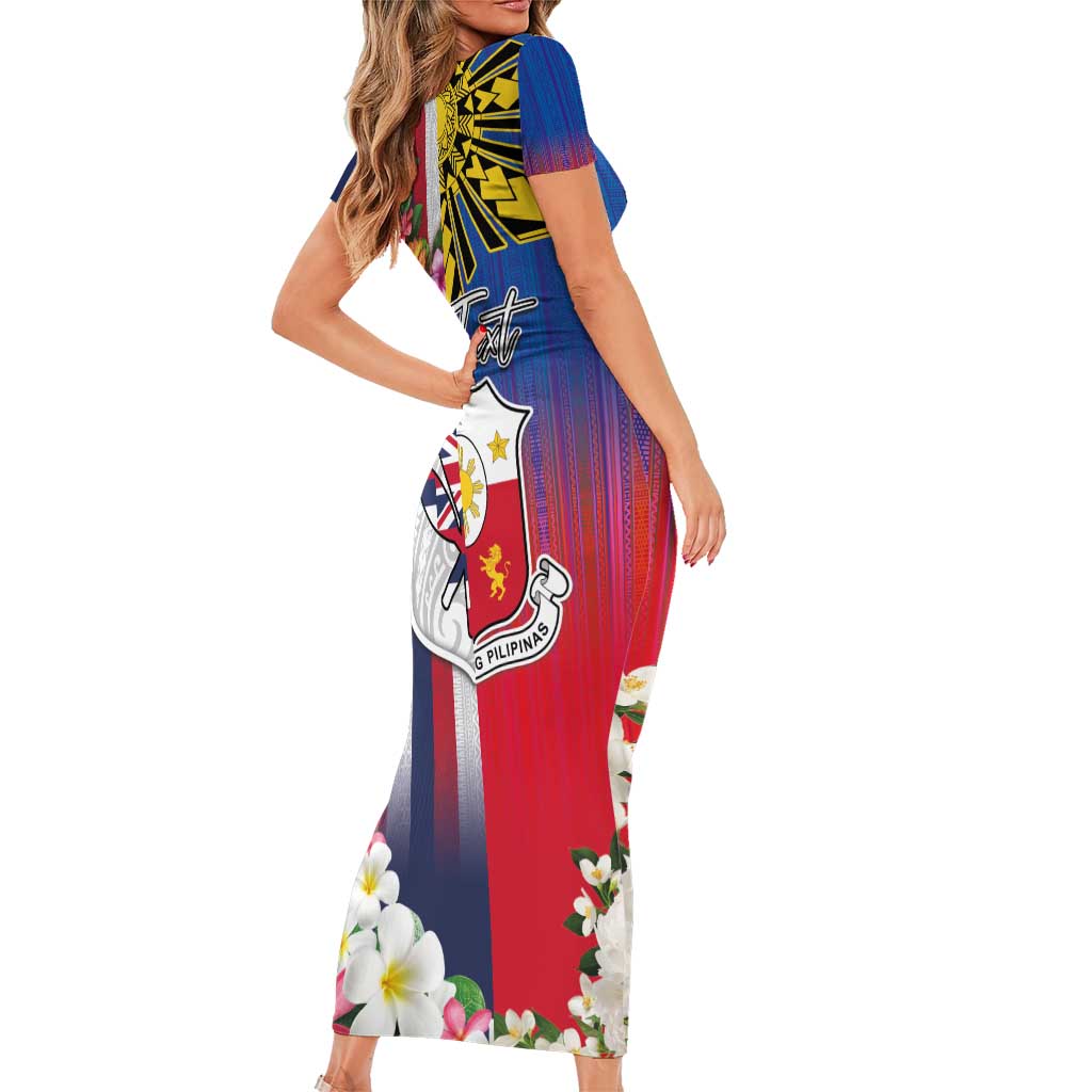 Personalised Hawaii and Philippines Together Short Sleeve Bodycon Dress The Emblems with Cultural Symbols Blue-White-Red Tricolor LT03 - Polynesian Pride