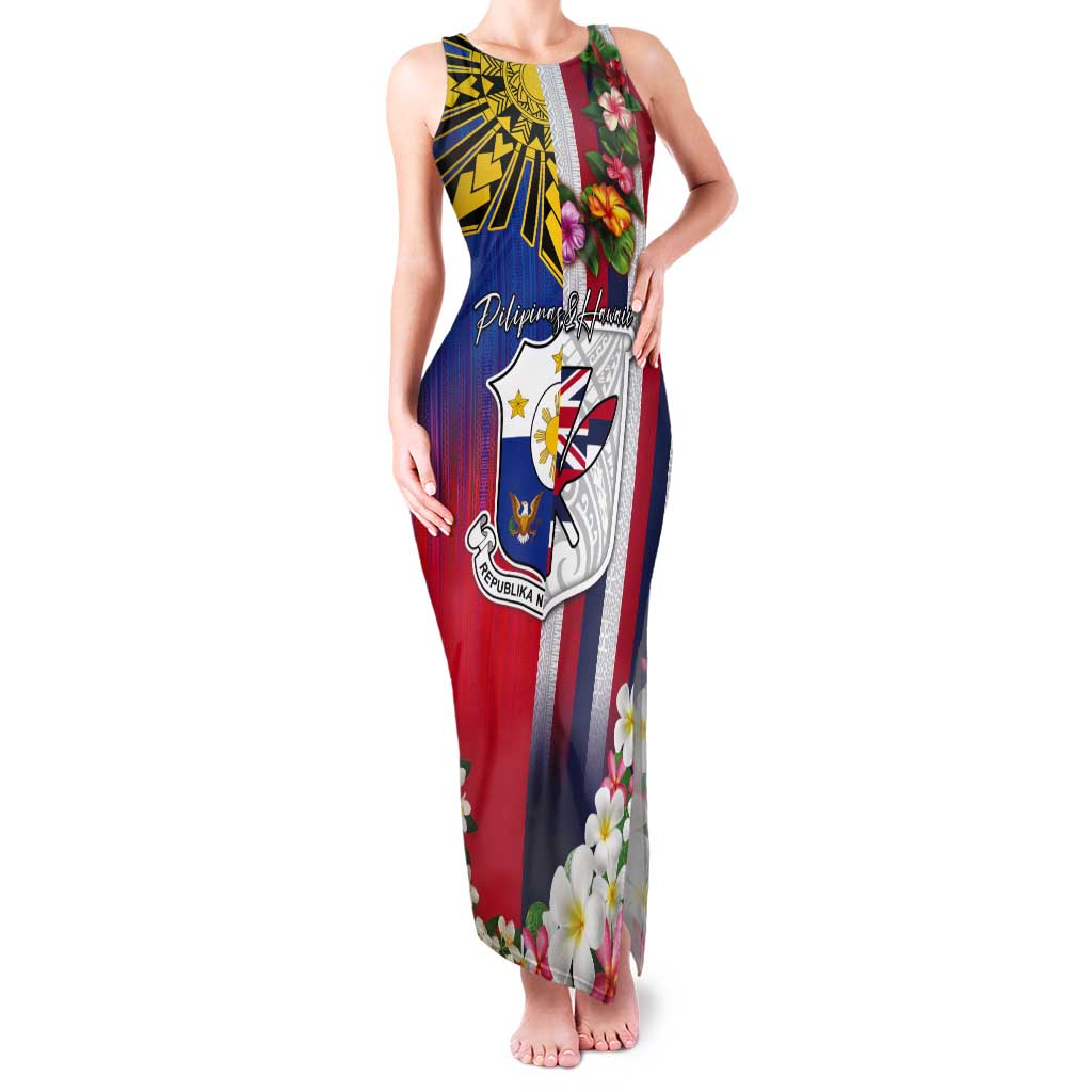 Personalised Hawaii and Philippines Together Tank Maxi Dress The Emblems with Cultural Symbols Blue-White-Red Tricolor LT03 Women Art - Polynesian Pride