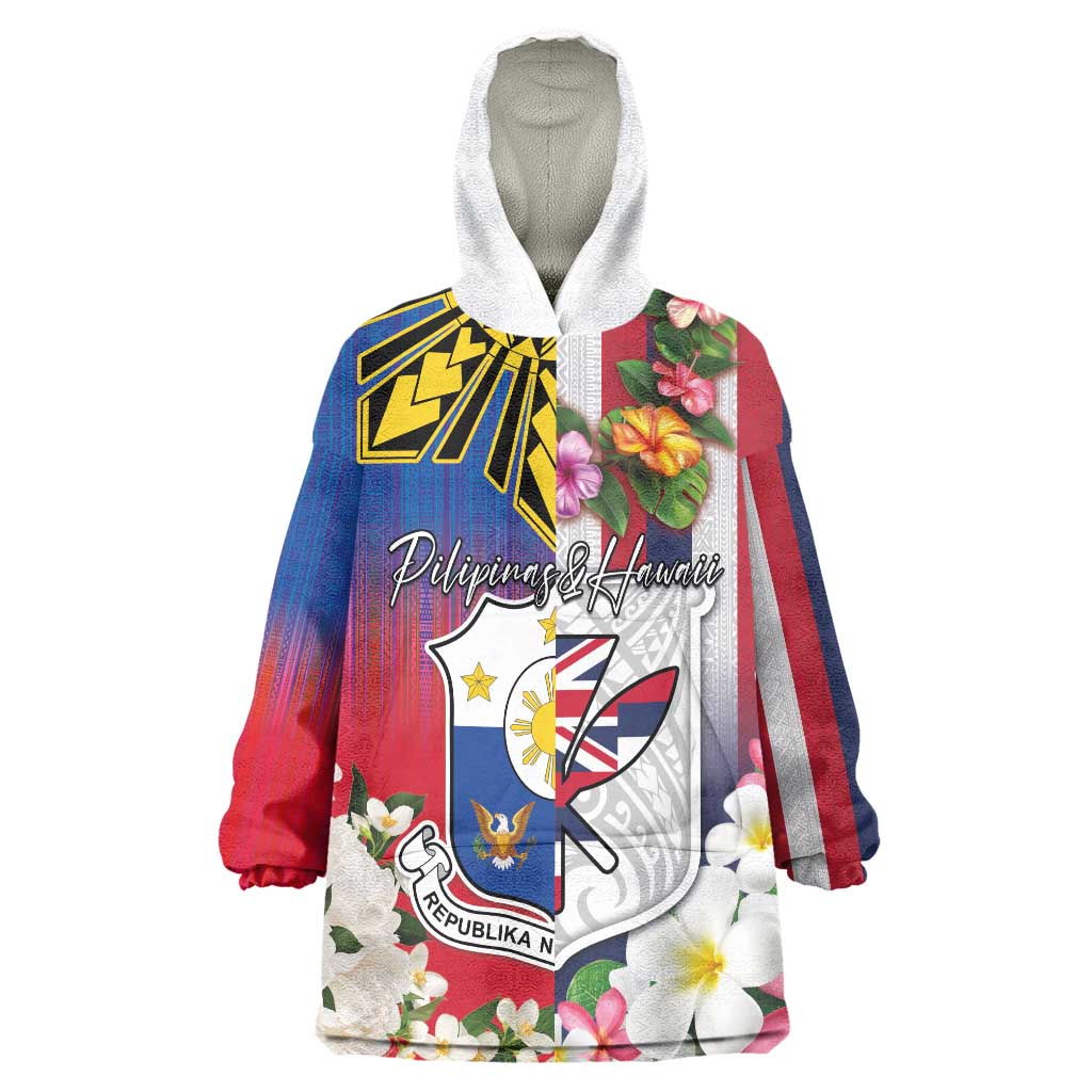Personalised Hawaii and Philippines Together Wearable Blanket Hoodie The Emblems with Cultural Symbols Blue-White-Red Tricolor LT03 One Size Art - Polynesian Pride