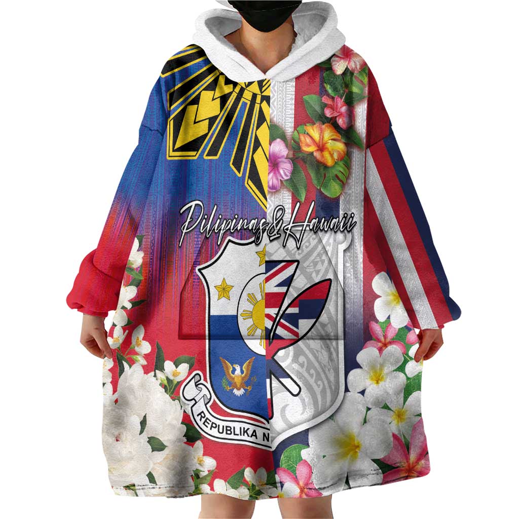 Personalised Hawaii and Philippines Together Wearable Blanket Hoodie The Emblems with Cultural Symbols Blue-White-Red Tricolor LT03 - Polynesian Pride