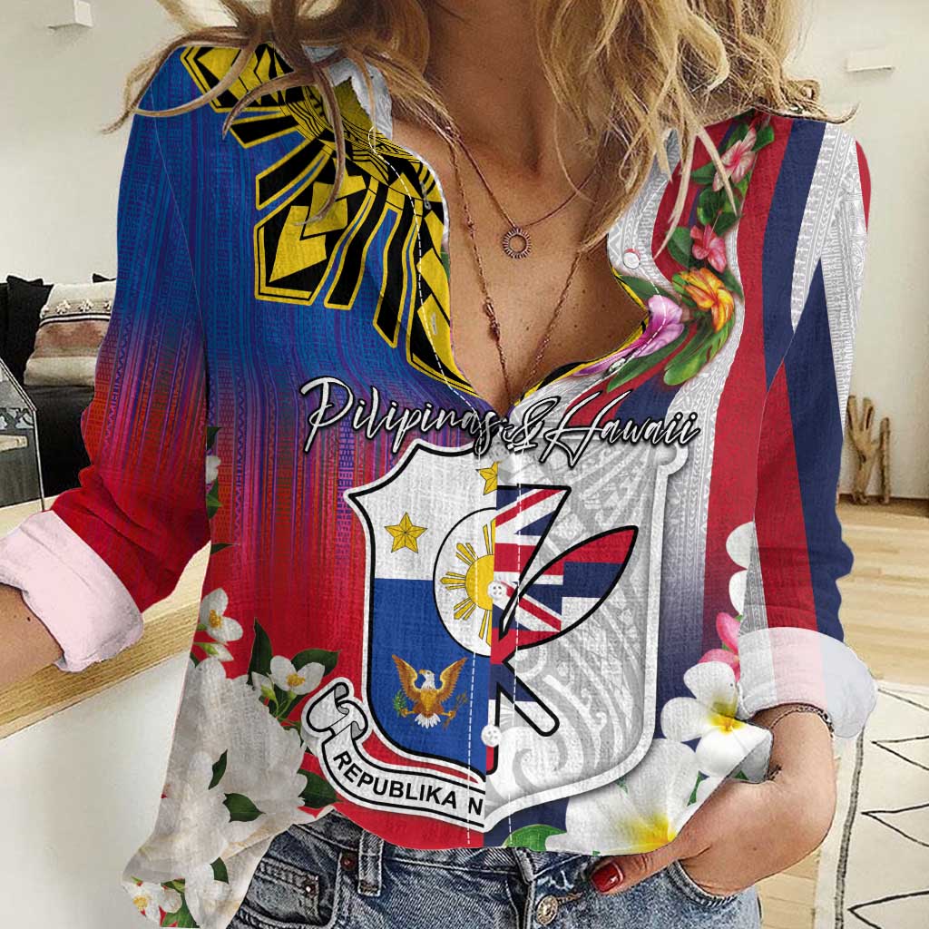 Personalised Hawaii and Philippines Together Women Casual Shirt The Emblems with Cultural Symbols Blue-White-Red Tricolor LT03 Female Art - Polynesian Pride