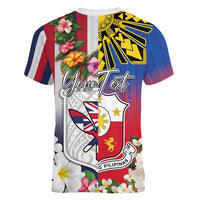 Personalised Hawaii and Philippines Together Women V-Neck T-Shirt The Emblems with Cultural Symbols Blue-White-Red Tricolor LT03 - Polynesian Pride