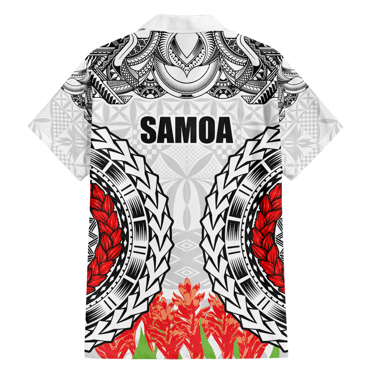 Samoa Siapo Ula Fala Family Matching Off Shoulder Long Sleeve Dress and Hawaiian Shirt With Ginger Plant White Color LT03 - Polynesian Pride
