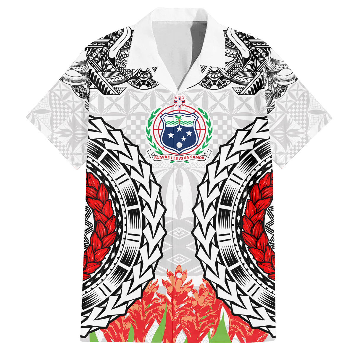 Samoa Siapo Ula Fala Family Matching Off Shoulder Maxi Dress and Hawaiian Shirt With Ginger Plant White Color LT03 Dad's Shirt - Short Sleeve White - Polynesian Pride