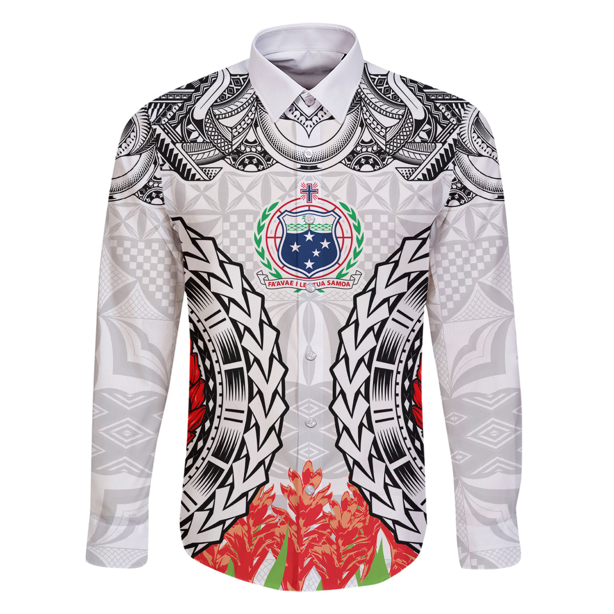 Samoa Siapo Ula Fala Family Matching Summer Maxi Dress and Hawaiian Shirt With Ginger Plant White Color LT03 Dad's Shirt - Long Sleeve White - Polynesian Pride