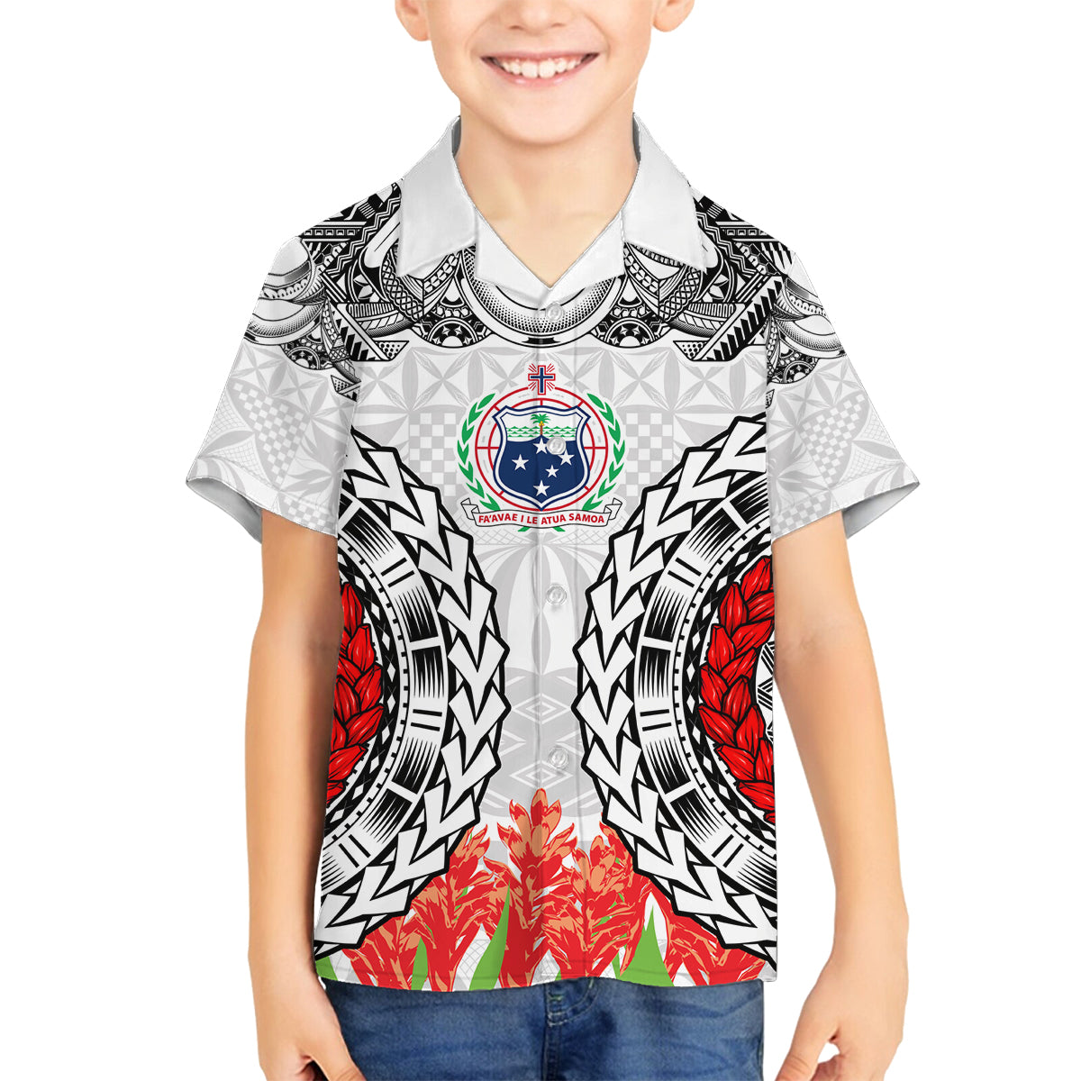 Samoa Siapo Ula Fala Family Matching Summer Maxi Dress and Hawaiian Shirt With Ginger Plant White Color LT03 Son's Shirt White - Polynesian Pride