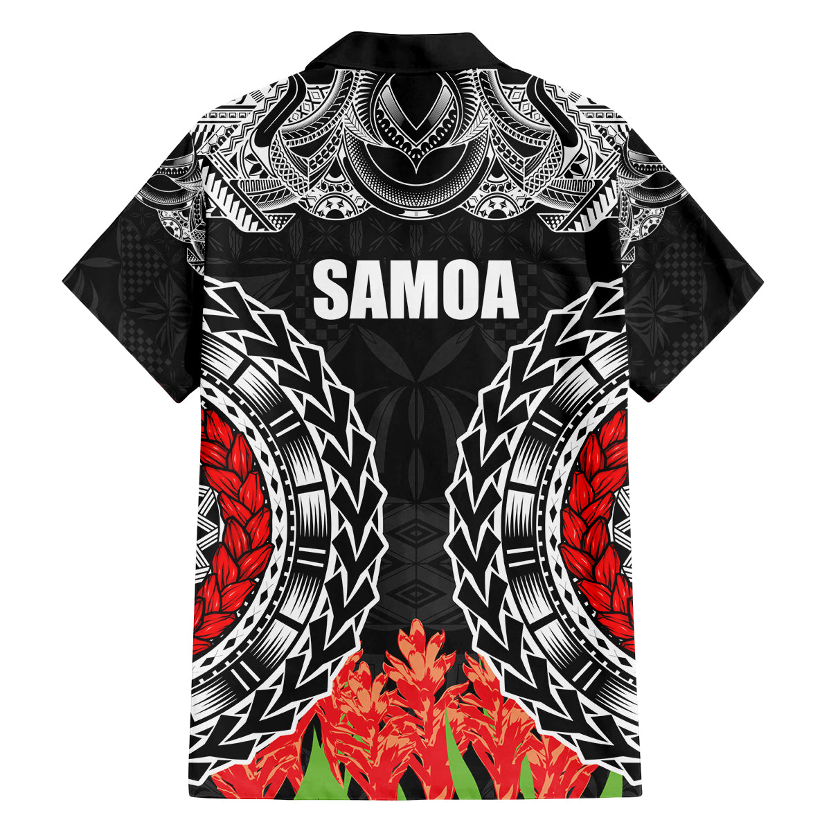 Samoa Siapo Ula Fala Family Matching Off Shoulder Long Sleeve Dress and Hawaiian Shirt With Ginger Plant Black Color LT03 - Polynesian Pride