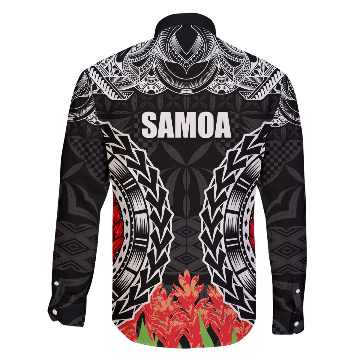Samoa Siapo Ula Fala Family Matching Off Shoulder Maxi Dress and Hawaiian Shirt With Ginger Plant Black Color LT03 - Polynesian Pride