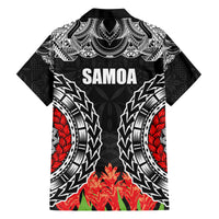 Samoa Siapo Ula Fala Family Matching Off Shoulder Short Dress and Hawaiian Shirt With Ginger Plant Black Color LT03 - Polynesian Pride