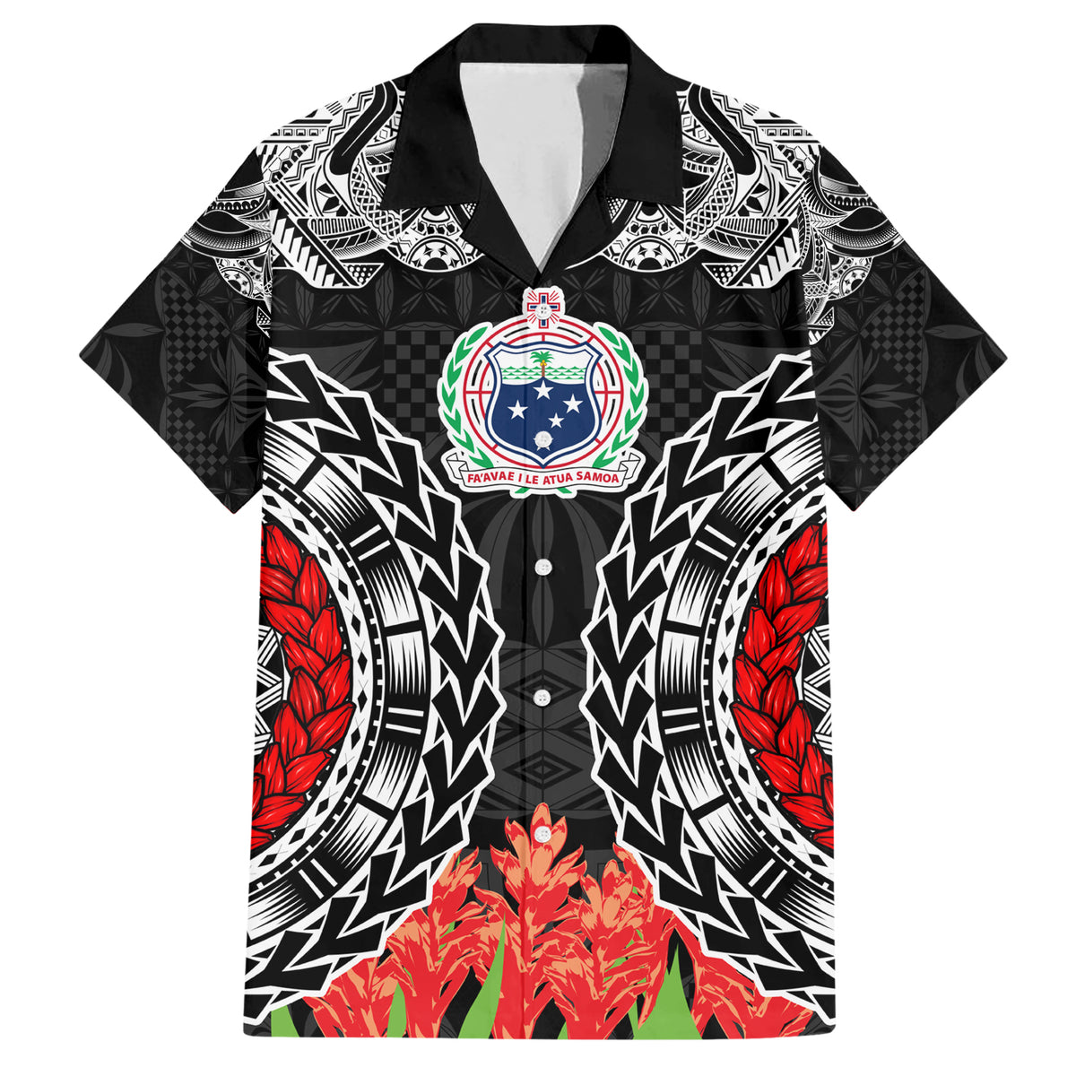 Samoa Siapo Ula Fala Family Matching Short Sleeve Bodycon Dress and Hawaiian Shirt With Ginger Plant Black Color LT03 Dad's Shirt - Short Sleeve Black - Polynesian Pride