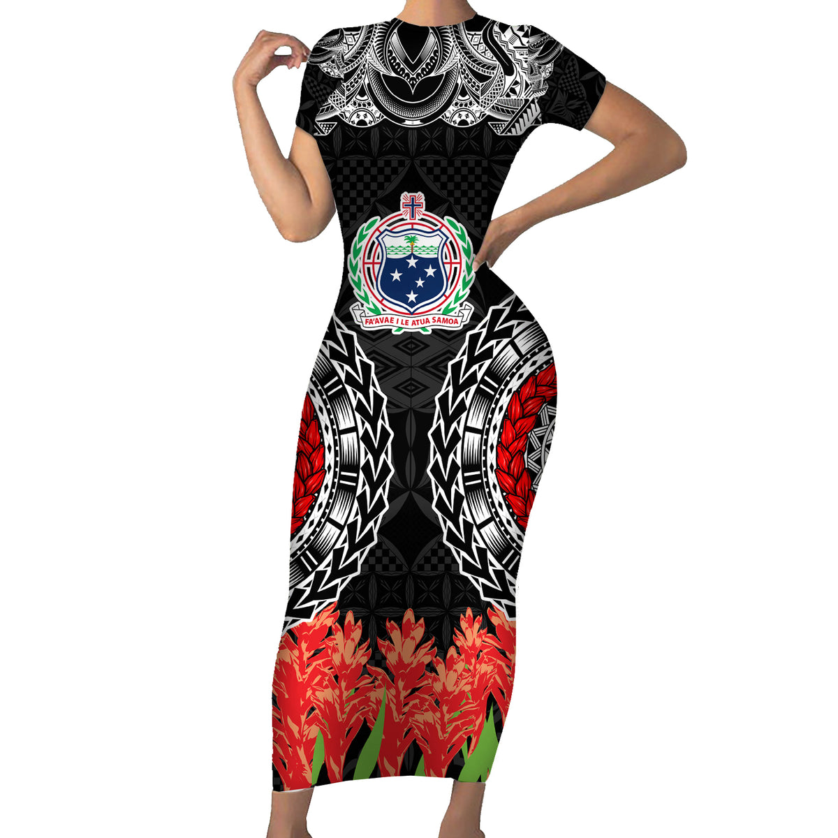 Samoa Siapo Ula Fala Family Matching Short Sleeve Bodycon Dress and Hawaiian Shirt With Ginger Plant Black Color LT03 Mom's Dress Black - Polynesian Pride
