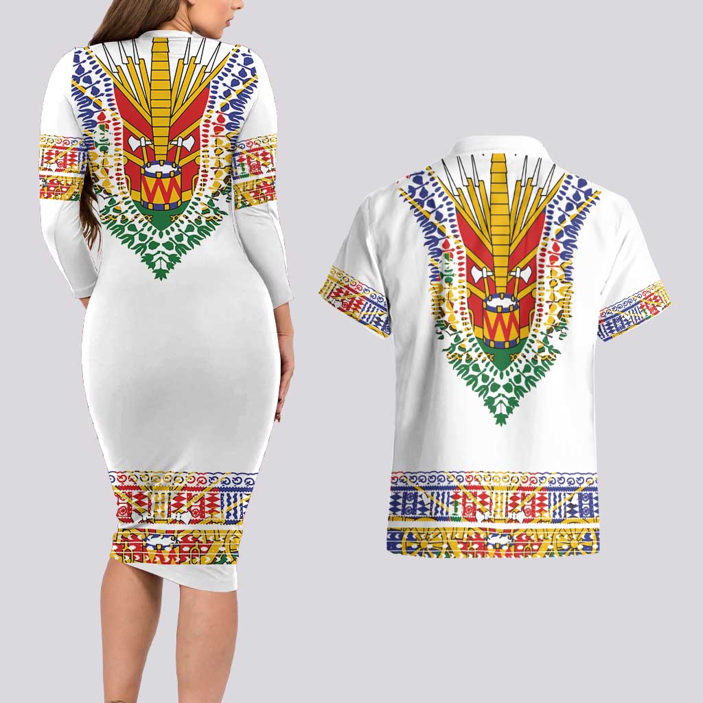 Haiti Flag Traditional Dashiki Couples Matching Long Sleeve Bodycon Dress and Hawaiian Shirt White Color LT03 - Polynesian Pride