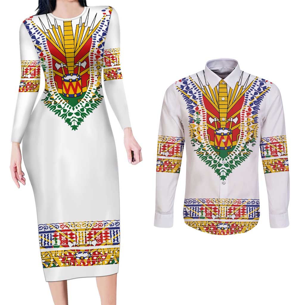 Haiti Flag Traditional Dashiki Couples Matching Long Sleeve Bodycon Dress and Long Sleeve Button Shirt White Color LT03 White - Polynesian Pride