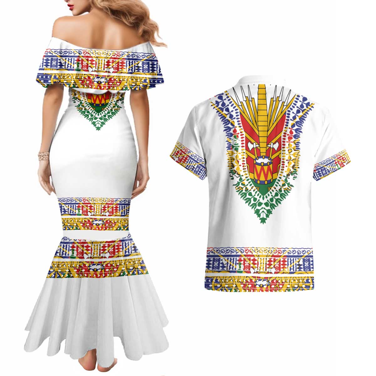 Haiti Flag Traditional Dashiki Couples Matching Mermaid Dress and Hawaiian Shirt White Color LT03 - Polynesian Pride