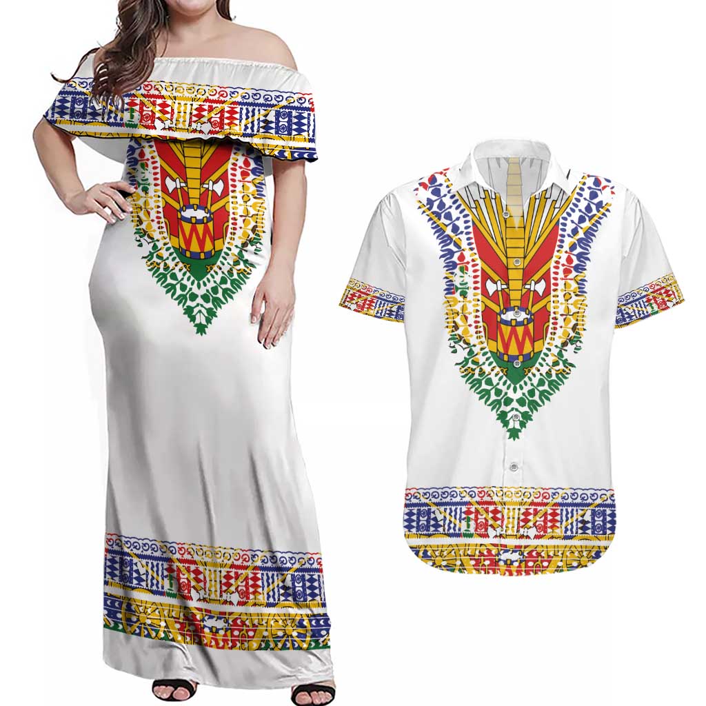 Haiti Flag Traditional Dashiki Couples Matching Off Shoulder Maxi Dress and Hawaiian Shirt White Color LT03 White - Polynesian Pride