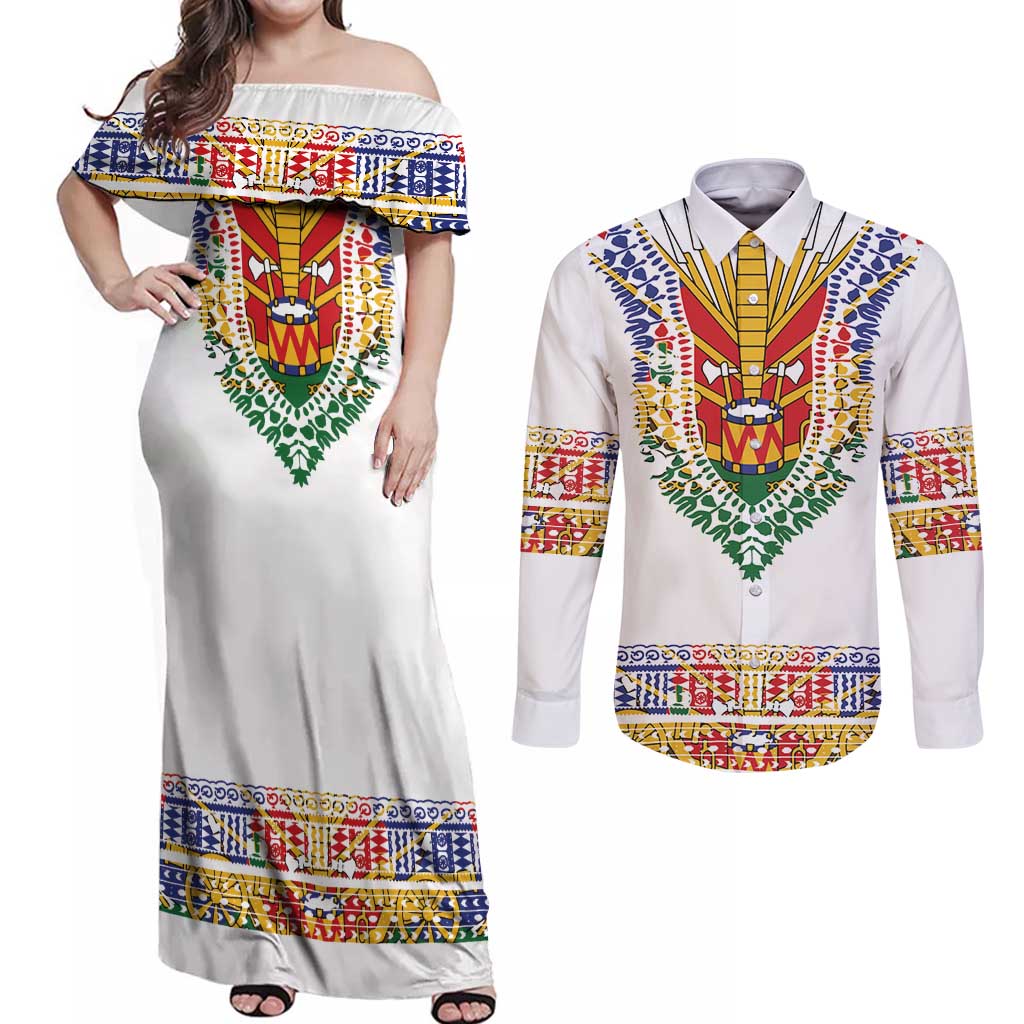 Haiti Flag Traditional Dashiki Couples Matching Off Shoulder Maxi Dress and Long Sleeve Button Shirt White Color LT03 White - Polynesian Pride