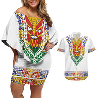 Haiti Flag Traditional Dashiki Couples Matching Off Shoulder Short Dress and Hawaiian Shirt White Color LT03 White - Polynesian Pride
