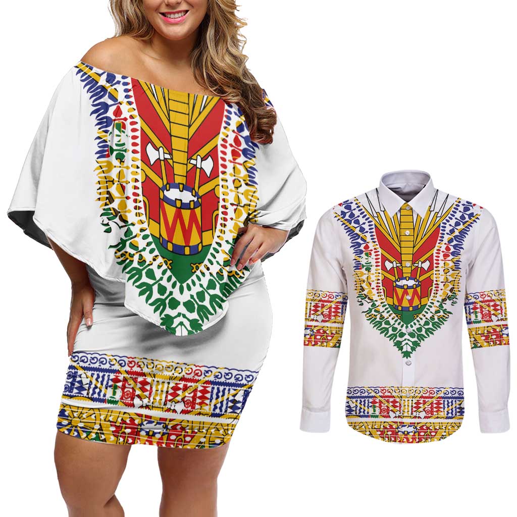 Haiti Flag Traditional Dashiki Couples Matching Off Shoulder Short Dress and Long Sleeve Button Shirt White Color LT03 White - Polynesian Pride