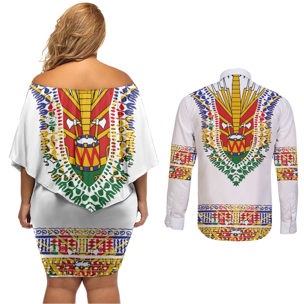Haiti Flag Traditional Dashiki Couples Matching Off Shoulder Short Dress and Long Sleeve Button Shirt White Color - Polynesian Pride