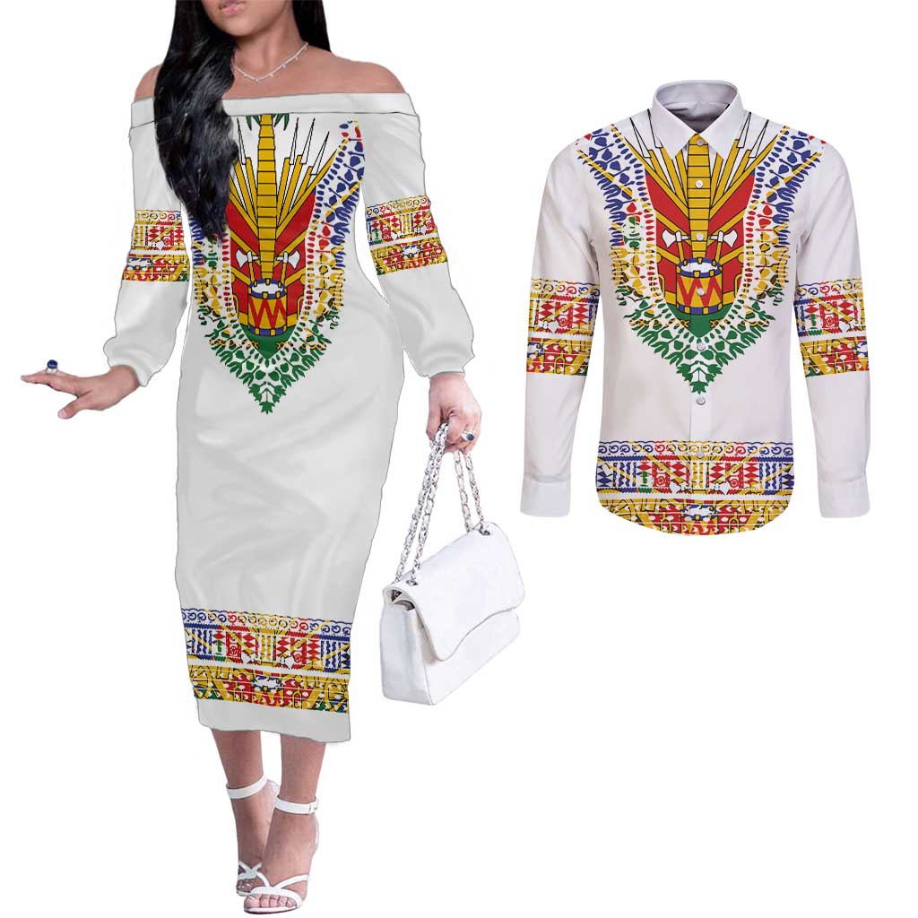 Haiti Flag Traditional Dashiki Couples Matching Off The Shoulder Long Sleeve Dress and Long Sleeve Button Shirt White Color LT03 White - Polynesian Pride