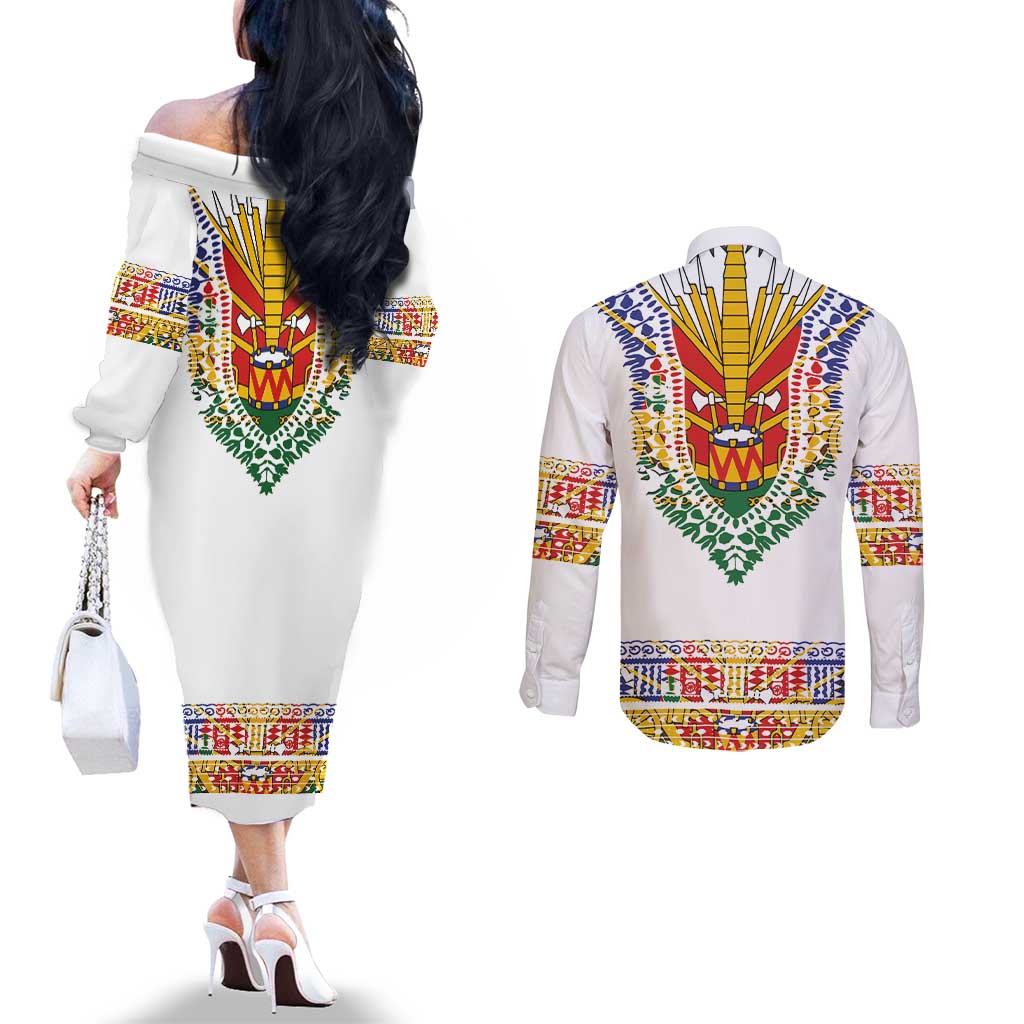 Haiti Flag Traditional Dashiki Couples Matching Off The Shoulder Long Sleeve Dress and Long Sleeve Button Shirt White Color LT03 - Polynesian Pride