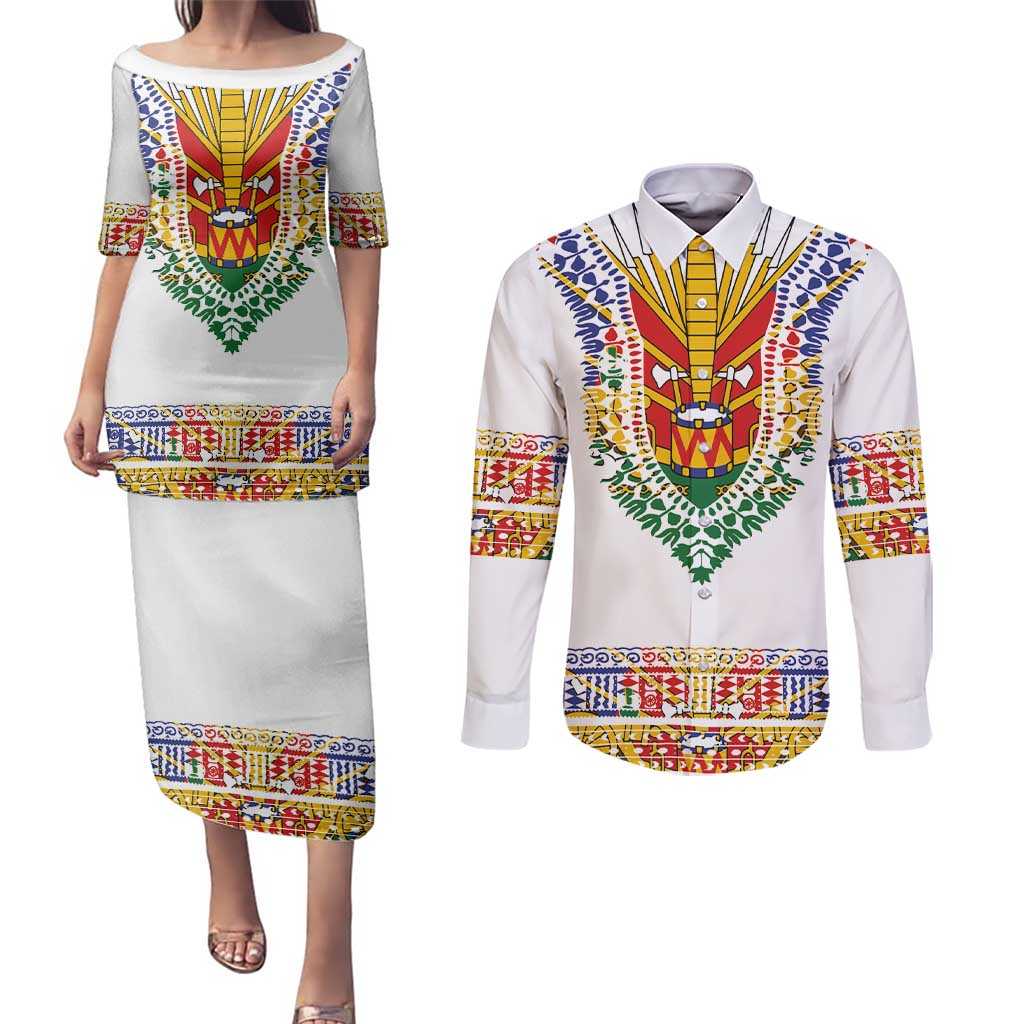 Haiti Flag Traditional Dashiki Couples Matching Puletasi and Long Sleeve Button Shirt White Color LT03 White - Polynesian Pride