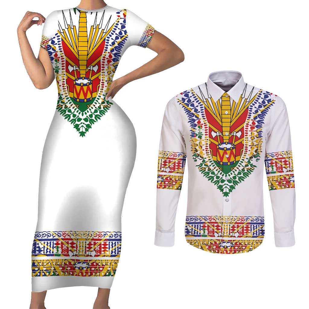 Haiti Flag Traditional Dashiki Couples Matching Short Sleeve Bodycon Dress and Long Sleeve Button Shirt White Color LT03 White - Polynesian Pride