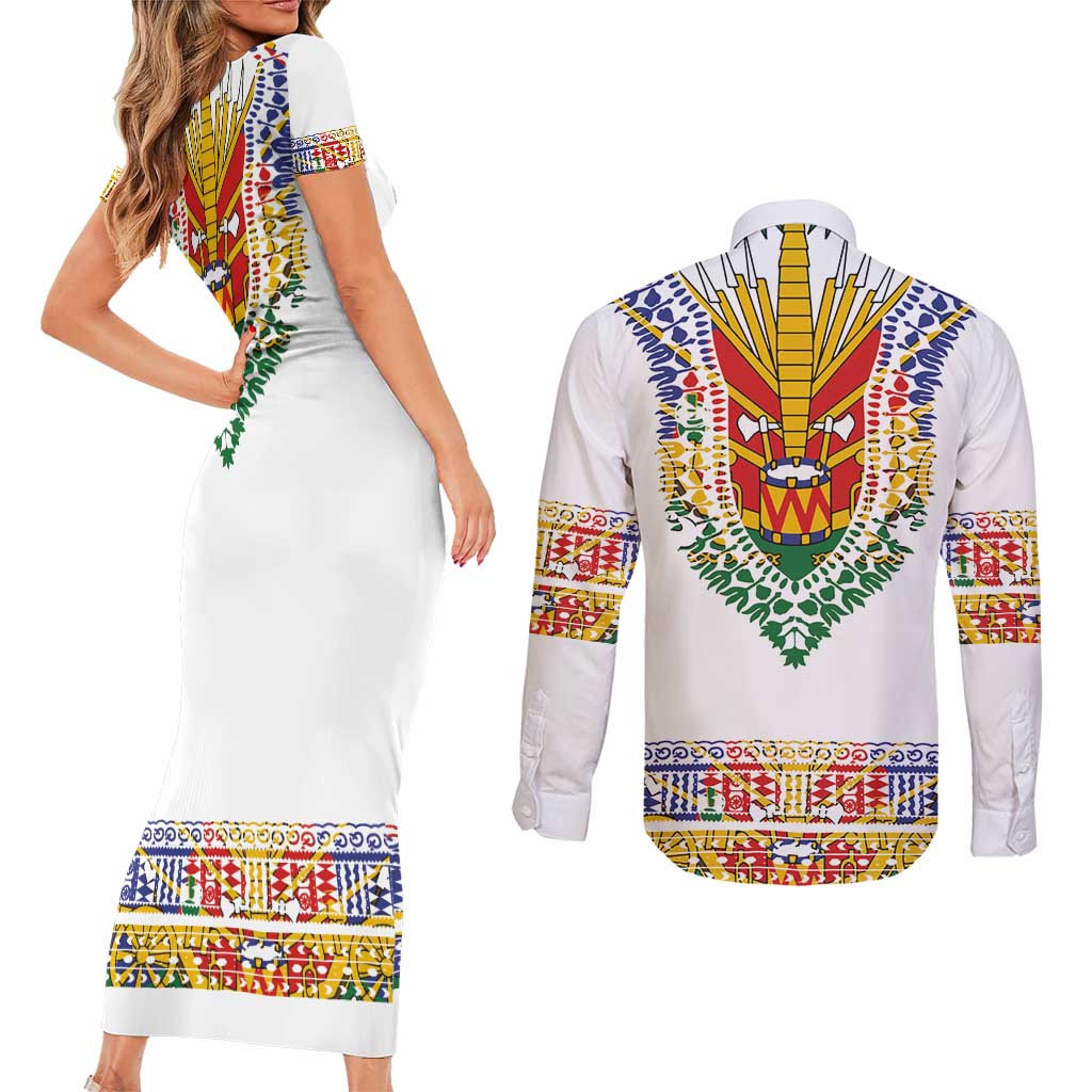 Haiti Flag Traditional Dashiki Couples Matching Short Sleeve Bodycon Dress and Long Sleeve Button Shirt White Color LT03 - Polynesian Pride