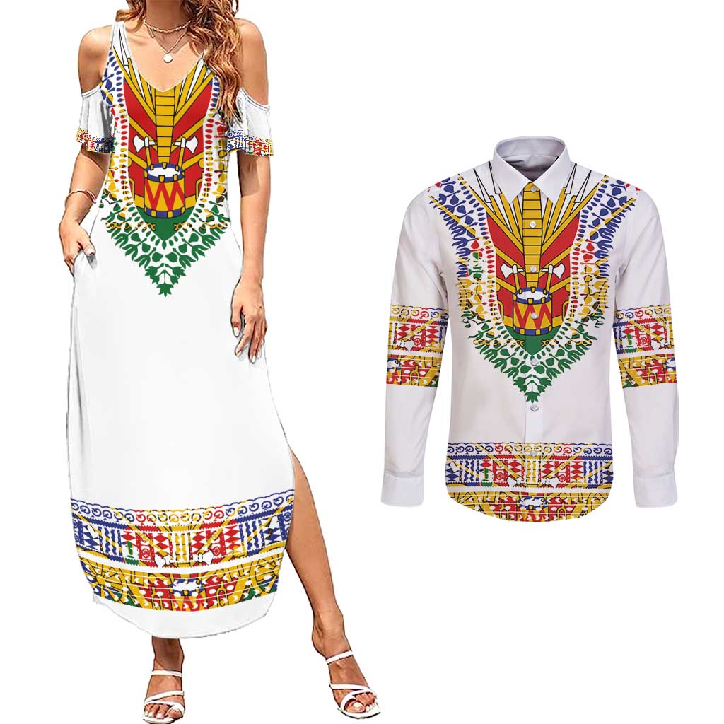 Haiti Flag Traditional Dashiki Couples Matching Summer Maxi Dress and Long Sleeve Button Shirt White Color LT03 White - Polynesian Pride