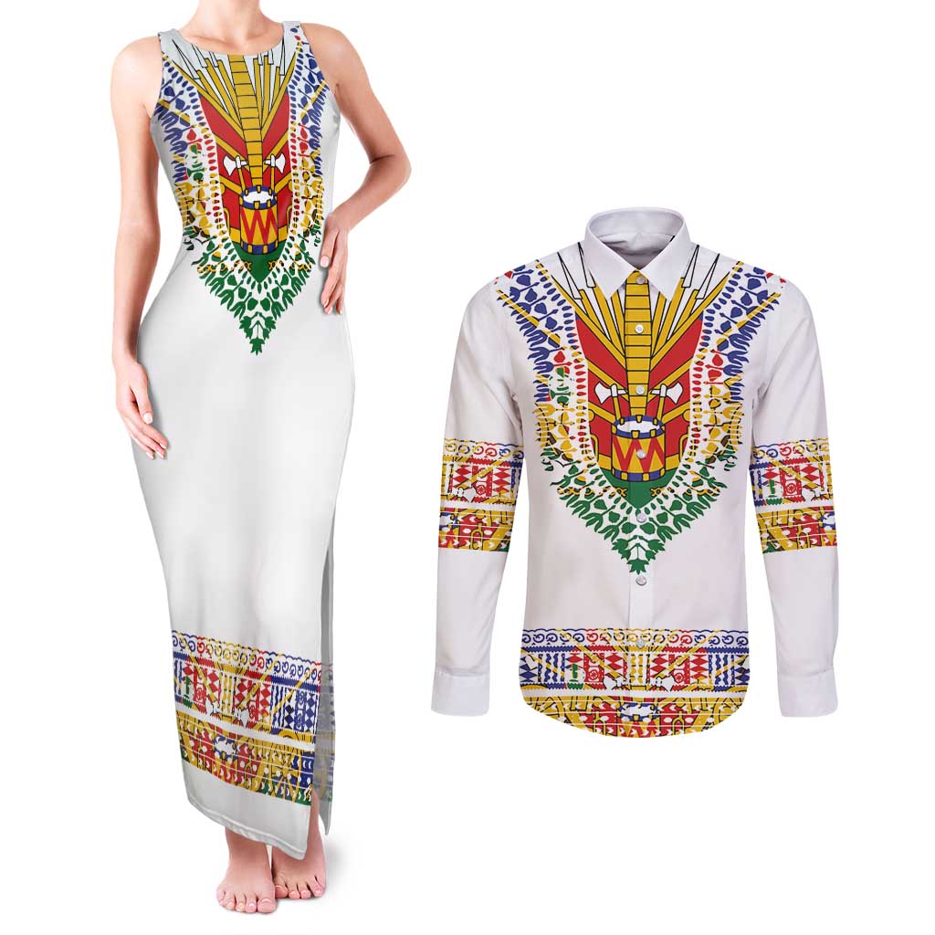 Haiti Flag Traditional Dashiki Couples Matching Tank Maxi Dress and Long Sleeve Button Shirt White Color LT03 White - Polynesian Pride