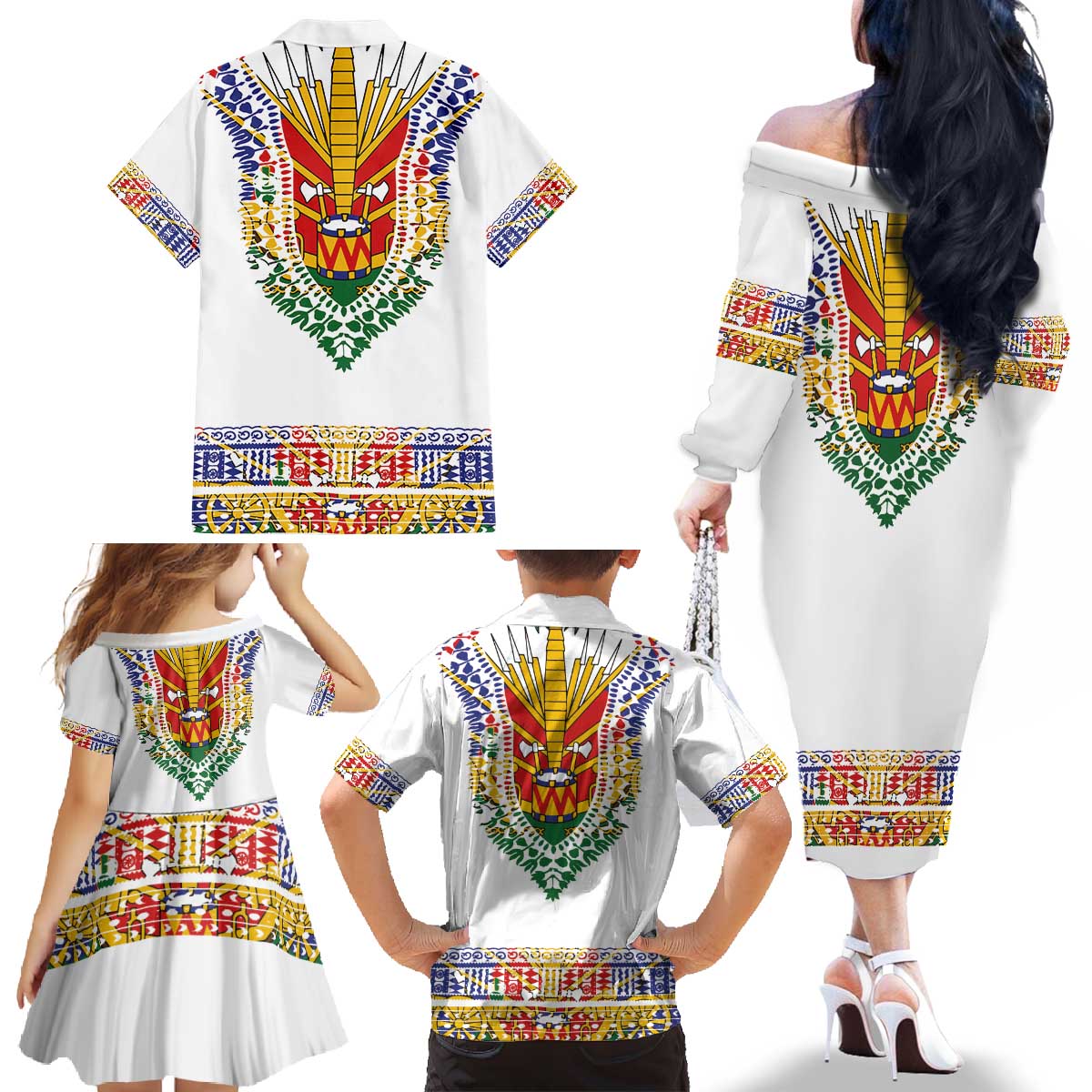 Haiti Flag Traditional Dashiki Family Matching Off The Shoulder Long Sleeve Dress and Hawaiian Shirt White Color LT03 - Polynesian Pride