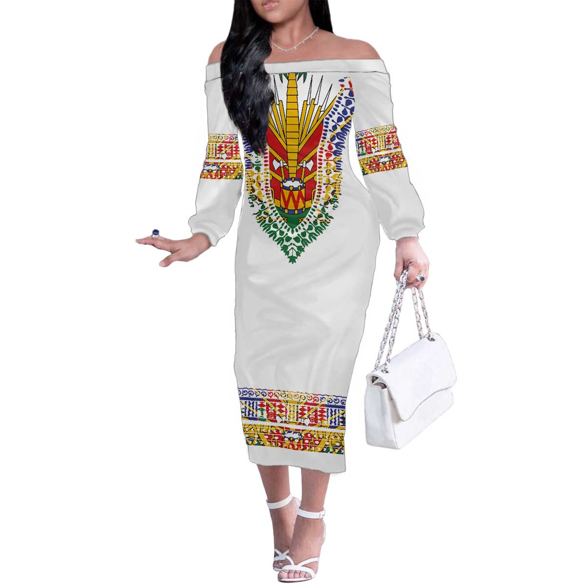Haiti Flag Traditional Dashiki Family Matching Off The Shoulder Long Sleeve Dress and Hawaiian Shirt White Color LT03 Mom's Dress White - Polynesian Pride