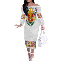 Haiti Flag Traditional Dashiki Family Matching Off The Shoulder Long Sleeve Dress and Hawaiian Shirt White Color LT03 Mom's Dress White - Polynesian Pride