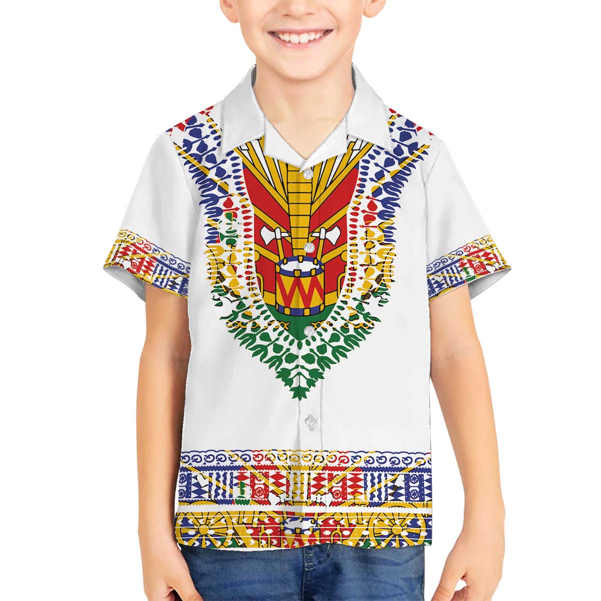Haiti Flag Traditional Dashiki Family Matching Off The Shoulder Long Sleeve Dress and Hawaiian Shirt White Color LT03 Son's Shirt White - Polynesian Pride