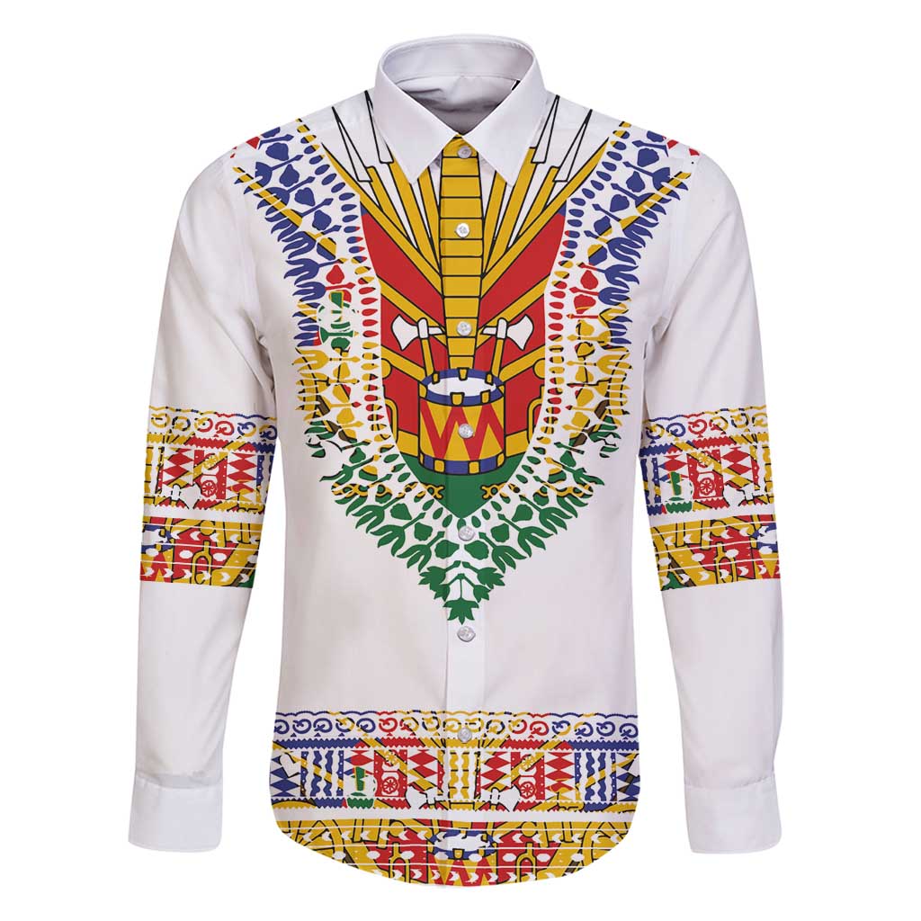 Haiti Flag Traditional Dashiki Family Matching Off Shoulder Maxi Dress and Hawaiian Shirt White Color LT03 Dad's Shirt - Long Sleeve White - Polynesian Pride