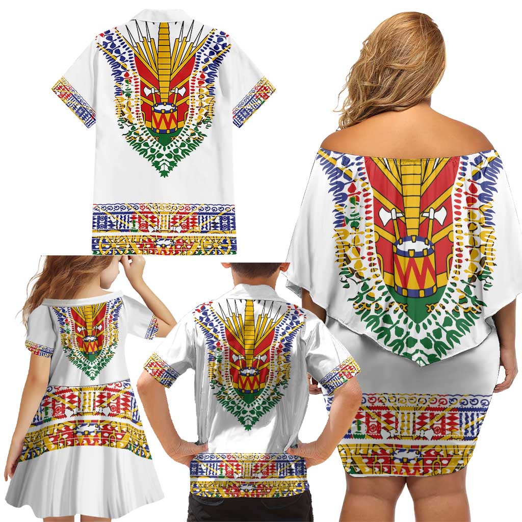 Haiti Flag Traditional Dashiki Family Matching Off Shoulder Short Dress and Hawaiian Shirt White Color LT03 - Polynesian Pride