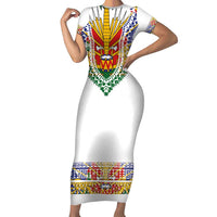 Haiti Flag Traditional Dashiki Family Matching Short Sleeve Bodycon Dress and Hawaiian Shirt White Color LT03 Mom's Dress White - Polynesian Pride