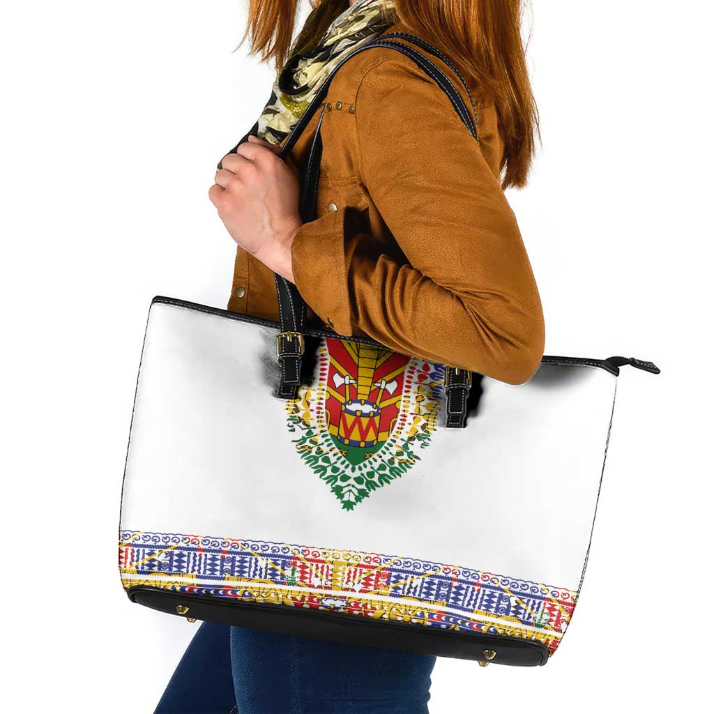 Haiti Flag Traditional Dashiki Leather Tote Bag White Color LT03 White - Polynesian Pride