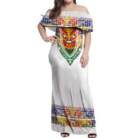 Haiti Flag Traditional Dashiki Off Shoulder Maxi Dress White Color LT03 Women White - Polynesian Pride