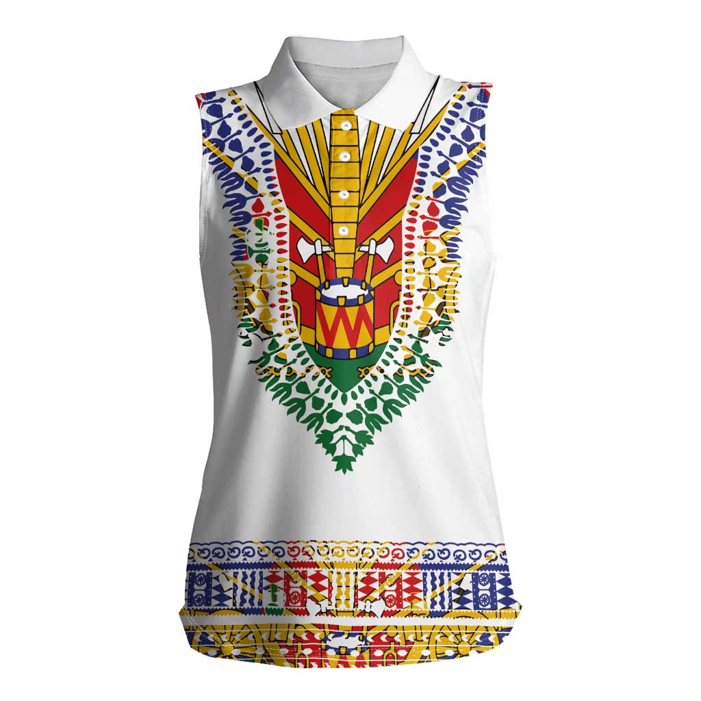 Haiti Flag Traditional Dashiki Women Sleeveless Polo Shirt White Color LT03 Female White - Polynesian Pride