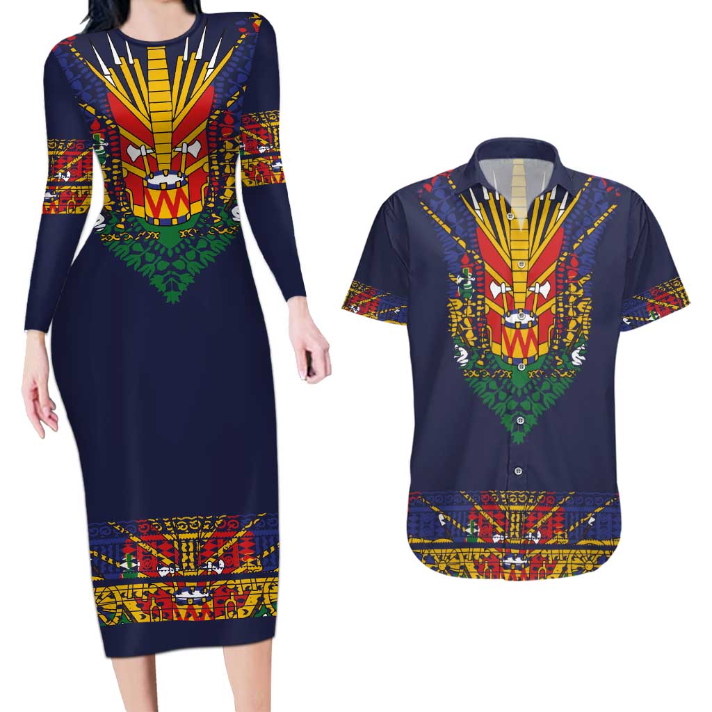 Haiti Flag Traditional Dashiki Couples Matching Long Sleeve Bodycon Dress and Hawaiian Shirt Black Color LT03 Black - Polynesian Pride