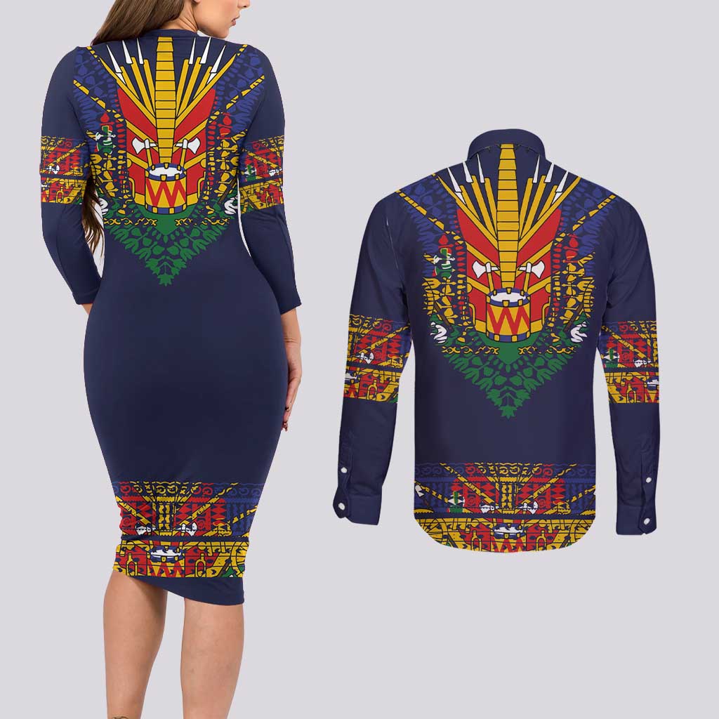 Haiti Flag Traditional Dashiki Couples Matching Long Sleeve Bodycon Dress and Long Sleeve Button Shirt Black Color LT03 - Polynesian Pride