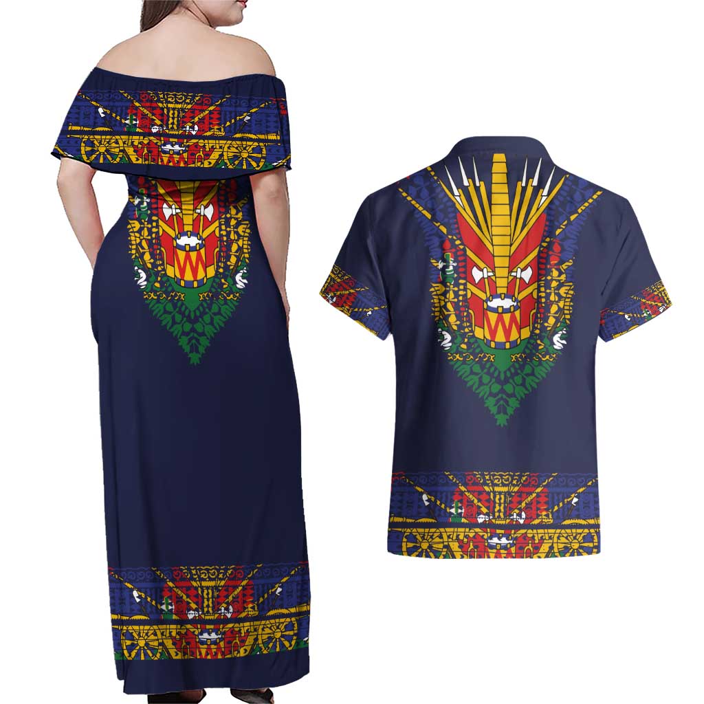 Haiti Flag Traditional Dashiki Couples Matching Off Shoulder Maxi Dress and Hawaiian Shirt Black Color LT03 - Polynesian Pride