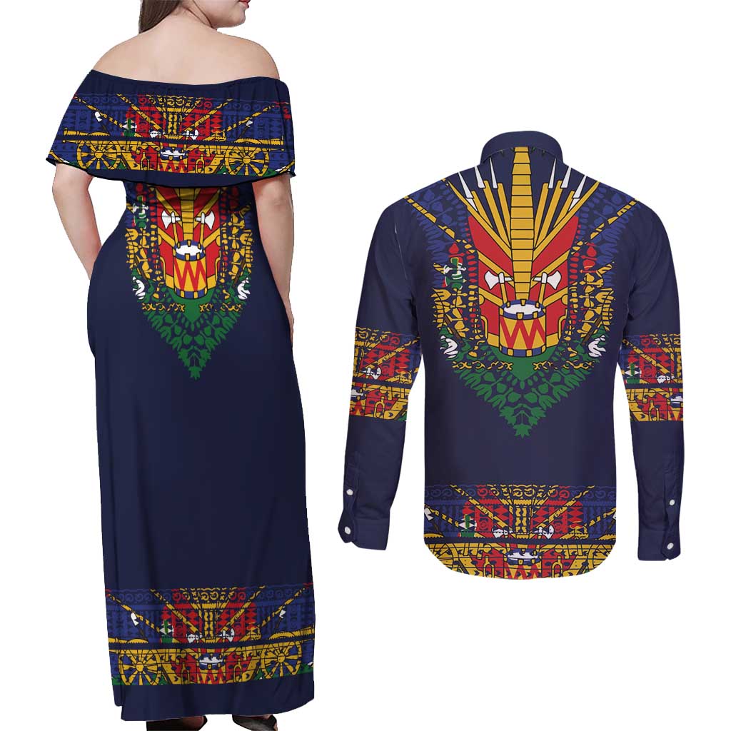 Haiti Flag Traditional Dashiki Couples Matching Off Shoulder Maxi Dress and Long Sleeve Button Shirt Black Color - Polynesian Pride