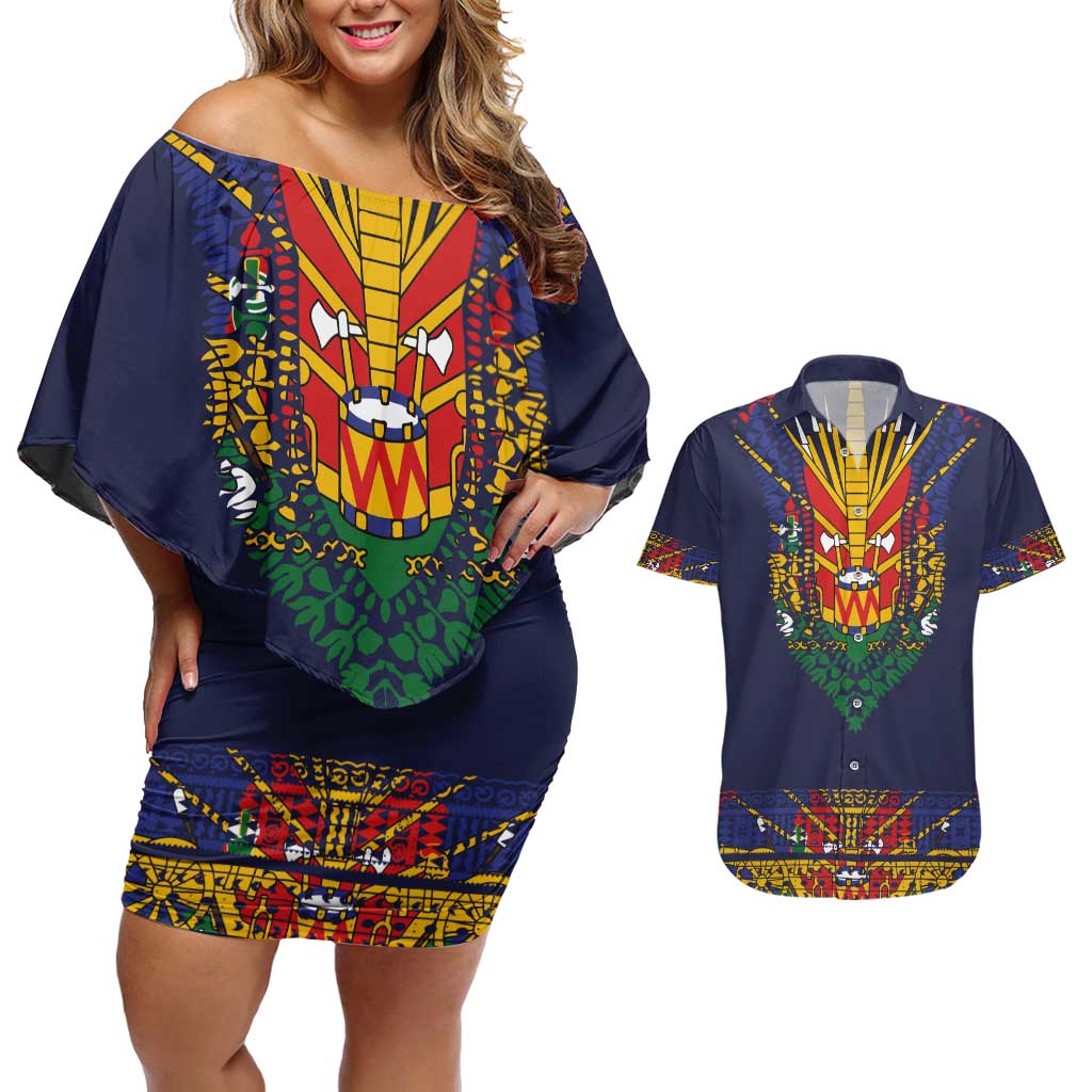 Haiti Flag Traditional Dashiki Couples Matching Off Shoulder Short Dress and Hawaiian Shirt Black Color LT03 Black - Polynesian Pride