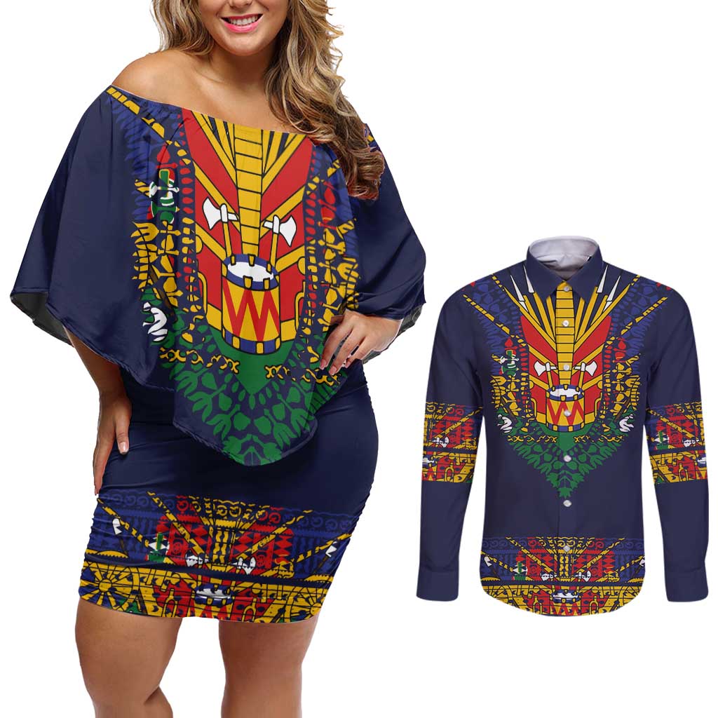 Haiti Flag Traditional Dashiki Couples Matching Off Shoulder Short Dress and Long Sleeve Button Shirt Black Color LT03 Black - Polynesian Pride