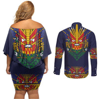 Haiti Flag Traditional Dashiki Couples Matching Off Shoulder Short Dress and Long Sleeve Button Shirt Black Color - Polynesian Pride